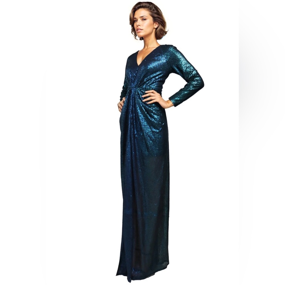 ELEGANT Rene Ruiz Designer Sheer Blue Long Sleeve Sequin Gathered Gown